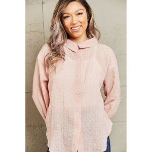 Lightweight Button Down Top Long Sleeves Relaxed Fit Casual Solid Peach